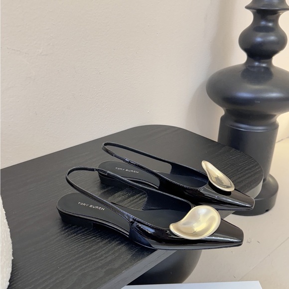 Tory Burch Glossy Black Flats with Gold Accent